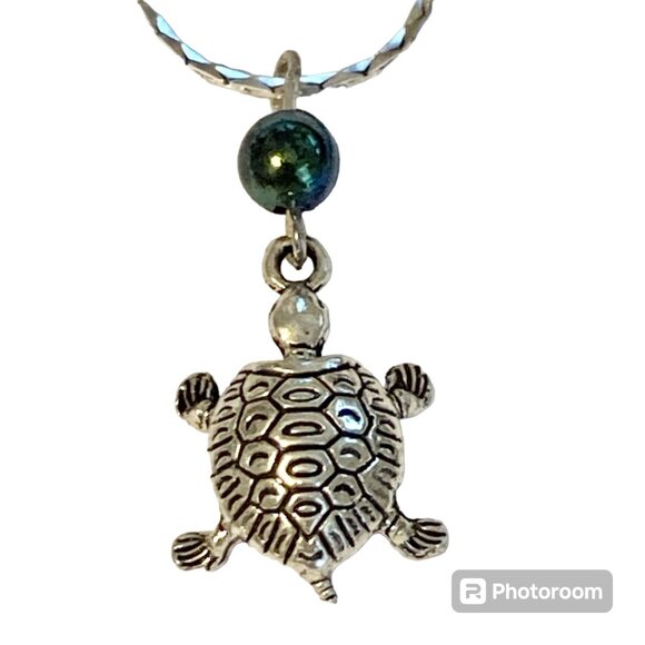 Tahitian Black Pearl Sea Turtle Necklace Silver Tone Nautical Island Beach Faux - Picture 1 of 8